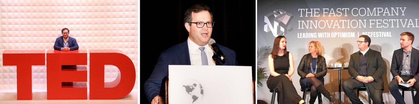 Oliver Libby on stage — at TED, speaking at a podium, and on a Fast Company Innovation Festival panel
